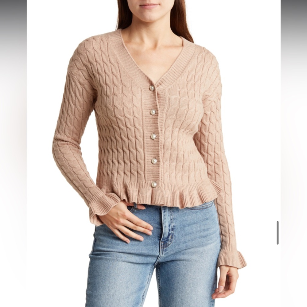 Cotton Emporium Ruffle Hem Cable Knit Cardigan
LIGHT PINK, Size Large